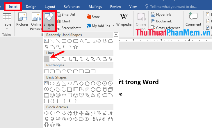 Chọn thẻ Insert - Shapes - chọn đường thẳng trong phần Lines