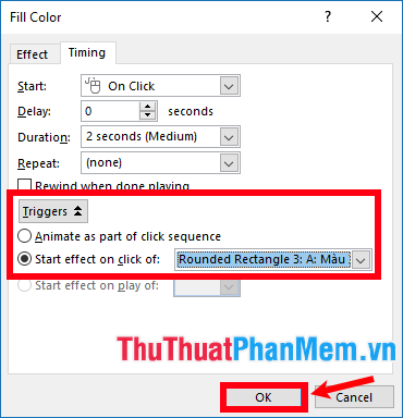 Chọn Triggers - Start effect on click of - chọn đến tên hình chứa đáp án a