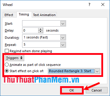 Chọn Triggers và chọn Start effect on click of là [tên nút Start]