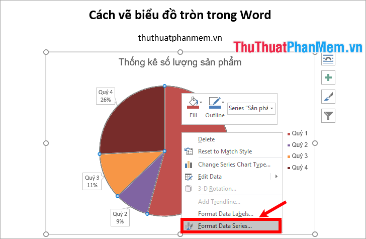 Nhấn chuột phải vào biểu đồ tròn và chọn Format Data Series