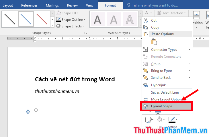 Nhấn vào ảnh để phóng to Nhấn chuột phải vào đoạn thẳng và chọn Format Shape