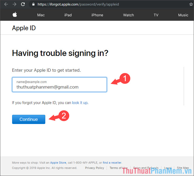 Nhập tên tài khoản Apple ID cần khôi phục và bấm Continue