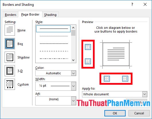 Thiết đặt viền trên, viền dưới, viền trái, viền phải trong phần Preview