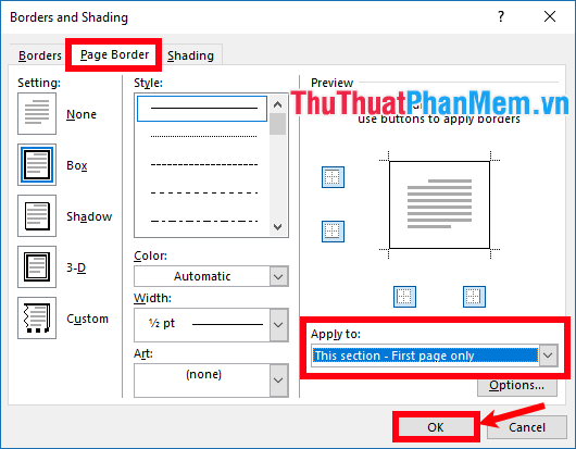 Thiết lập các tùy chọn ở Setting, Style, Color, Width