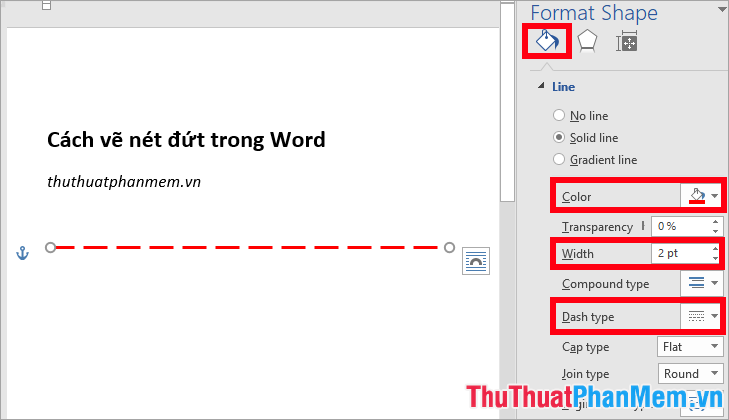 Nhấn vào ảnh để phóng to Thiết lập kiểu nét đứt trong phần Dash type