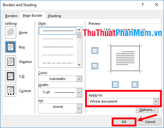 Trong phần Apply to chọn Whole document và chọn OK