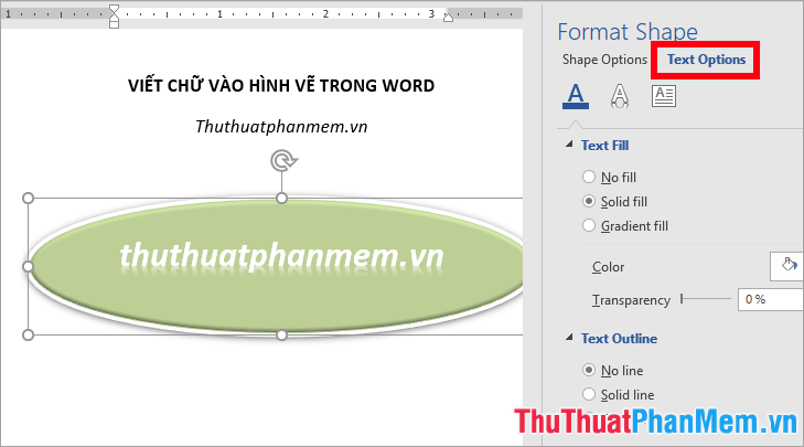 Trong phần Text Fill chọn đổ màu chữ, độ trong suốt của chữ (Transparency)