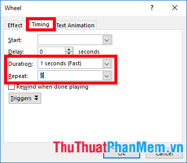 Trong thẻ Timing chọn Duration là 1 seconds (Fast), Repeat là 5