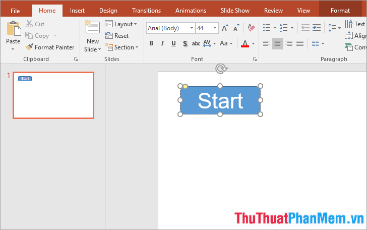 Vẽ hình vào slide sau đó thêm và chỉnh sửa chữ Start