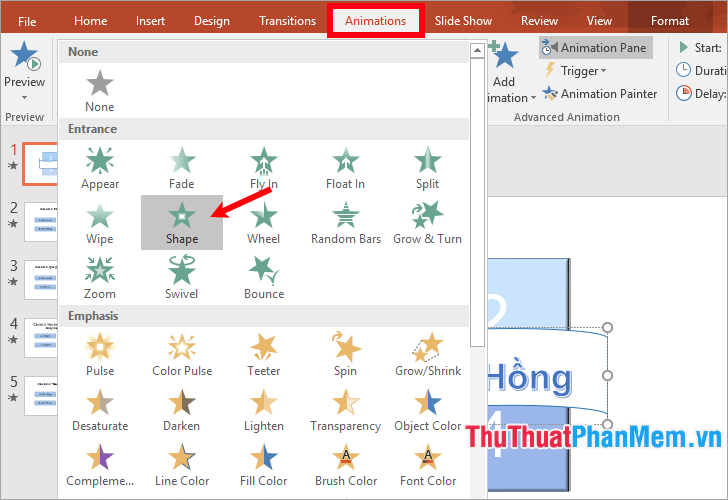 Chọn hình đáp án và thêm hiệu ứng Animations - chọn hiệu ứng hiện trong Emtrance