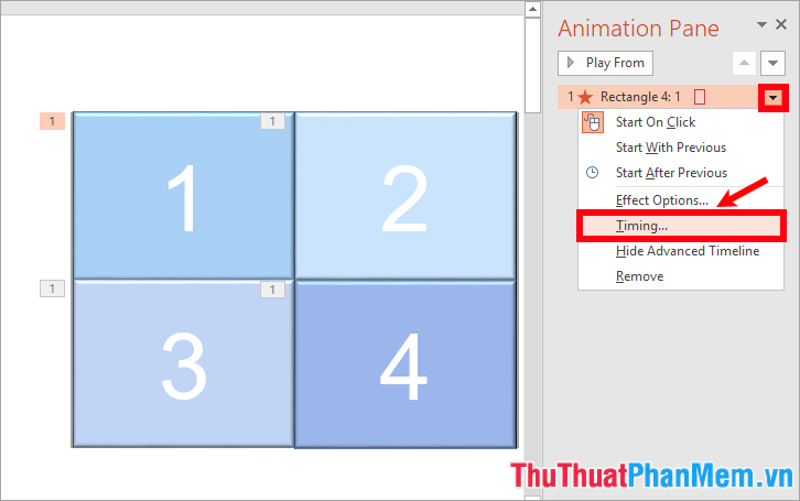 Chọn tam giác cạnh tên hiệu ứng Exit của miếng ghép 1 và chọn Timing