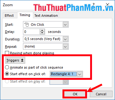 Chọn Trigger - Start effect on click of - chọn đúng tên hình miếng ghép 1