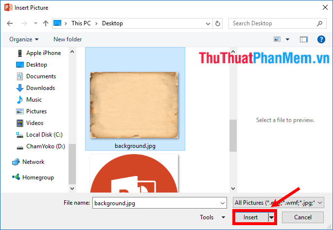 Chọn hình nền muốn chèn vào Powerpoint và chọn Open