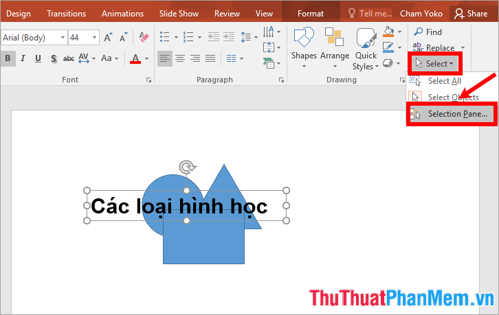 Chọn thẻ Home → Select → Select Pane