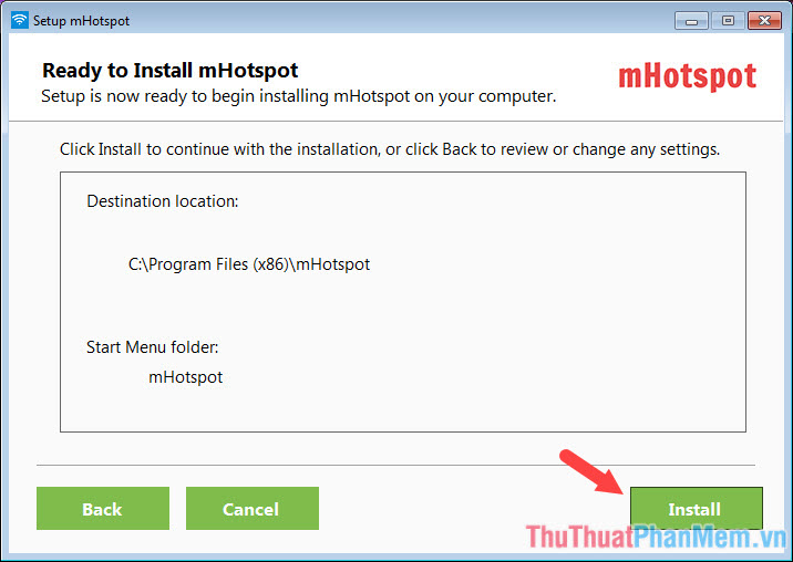 Bấm Install để cài đặt mHotspot trên máy tính