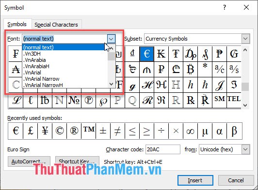 Chọn font chữ hiển thị số mũ