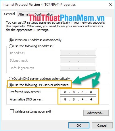 Sử dụng các địa chỉ máy chủ DNS sau