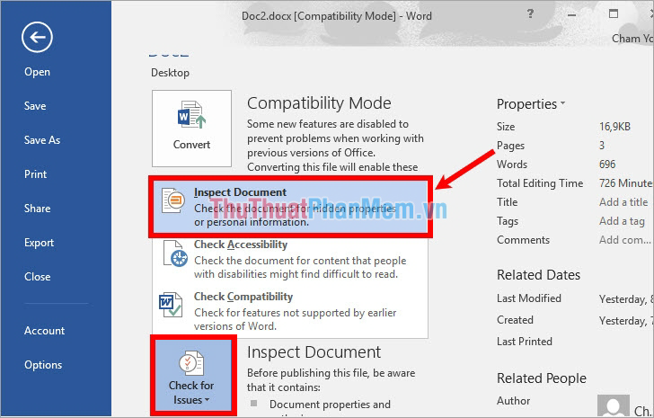 Chọn Check for Issues - Inspect Document