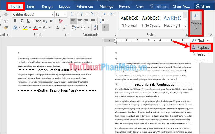 Chọn Home - Editing - Replace