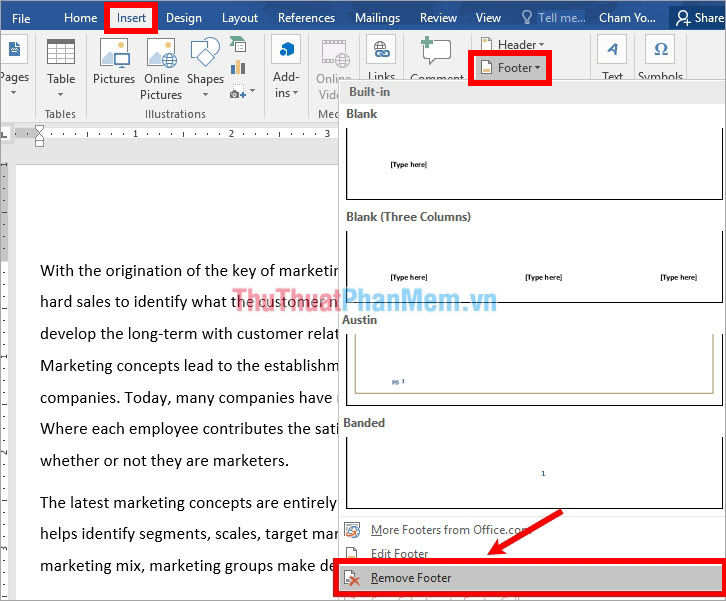 Chọn Insert - Footer - Remove Footer