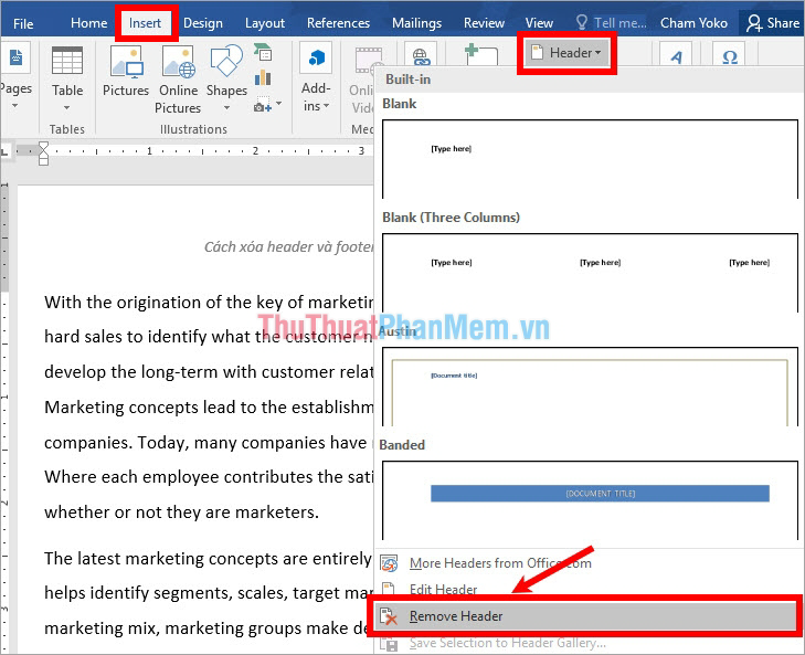 Chọn Insert - Header - Remove Header