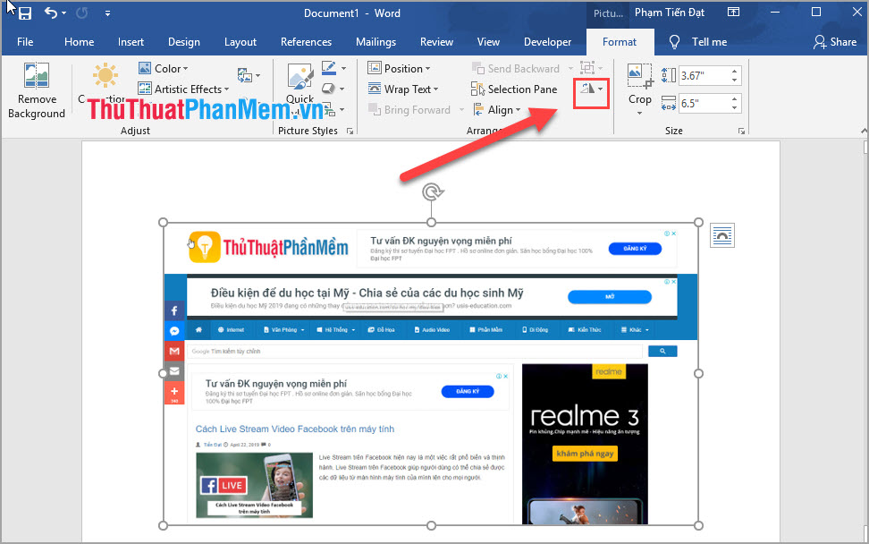 Nhấn vào ảnh để phóng to Chọn thẻ Format và tìm đến công cụ Xoay có hai hình tam giác