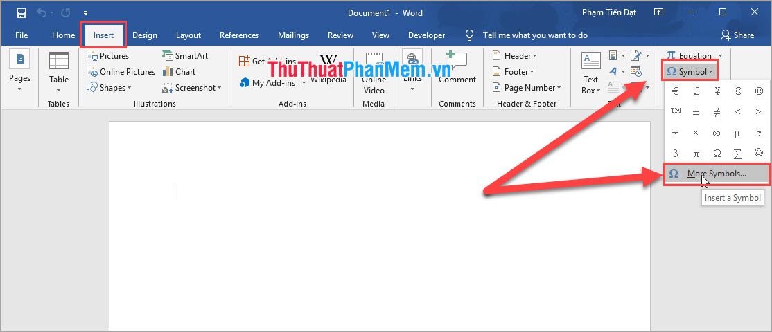 Chọn thẻ Insert và chọn Symbol ➝ More Symbols...