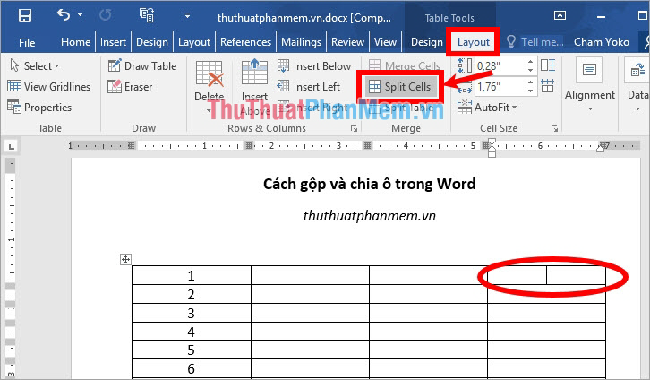 Chọn thẻ Layout trong phần Table Tools và chọn Split Cells