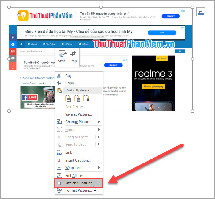 Nhấn vào ảnh để phóng to Click chuột phải vào hình ảnh cần xoay và lựa chọn Size and Position...