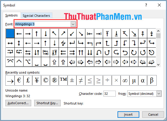 Ngoài ra có thể lựa chọn Font Wingdings 3