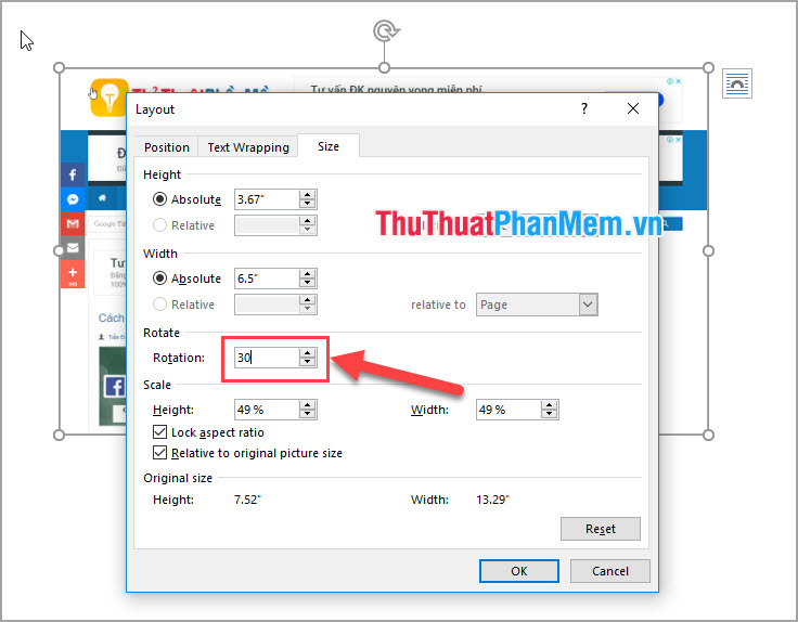 Nhấn vào ảnh để phóng to Tại dòng Rotation, nhập số góc độ mà mình muốn xoay