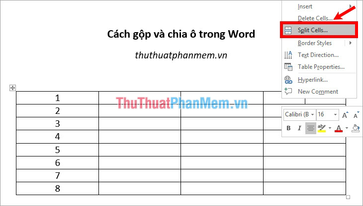 Trong ô cần tách, nhấn chuột phải và chọn Split Cell