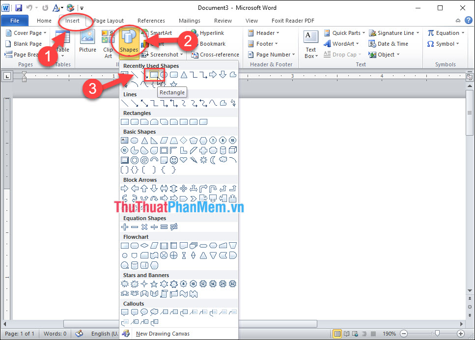 Vào Insert - Shapes - Lựa chọn dạng vẽ hình chữ nhật