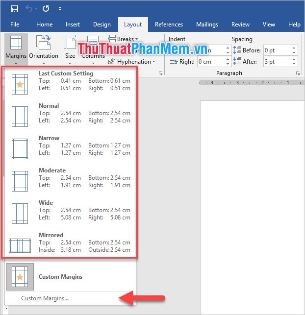 Chọn Custom Margins